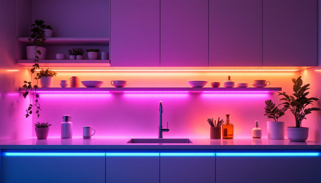 A photograph of capture a photograph of a beautifully illuminated kitchen featuring vibrant led strip lights under cabinets and along shelves