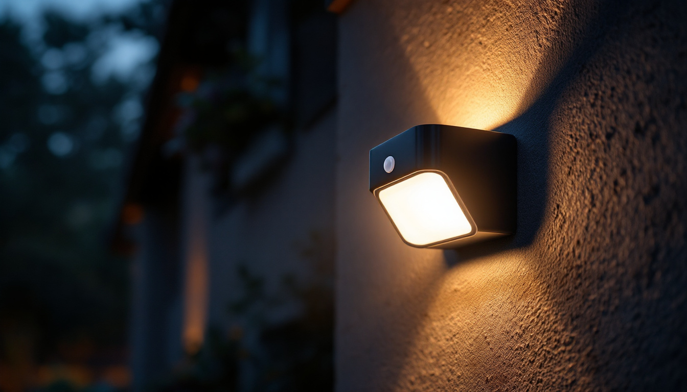 A photograph of a stylishly designed external motion sensor light installed in a home or garden setting