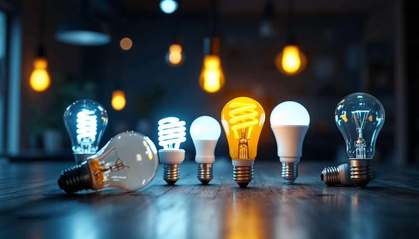 A photograph of a well-lit room showcasing various types of energy-efficient light bulbs—such as led