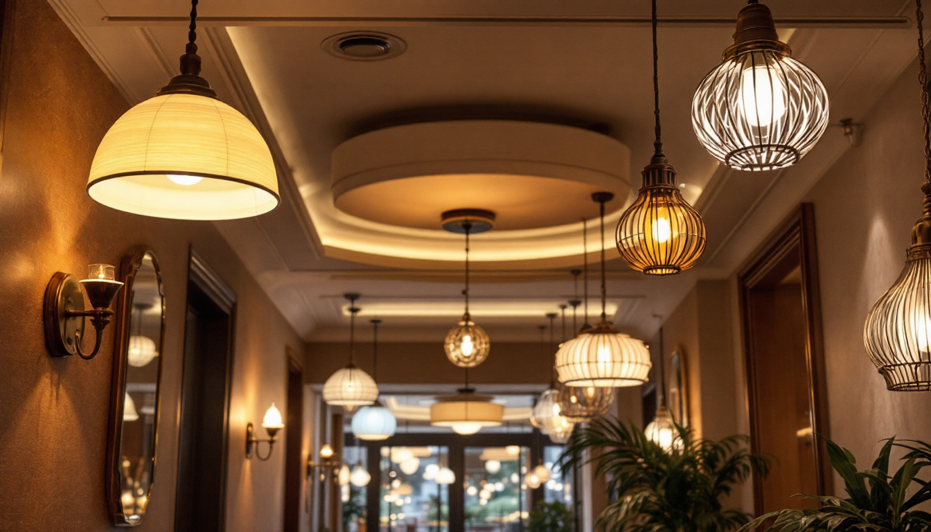 A photograph of a beautifully designed hall featuring various styles of ceiling lamps