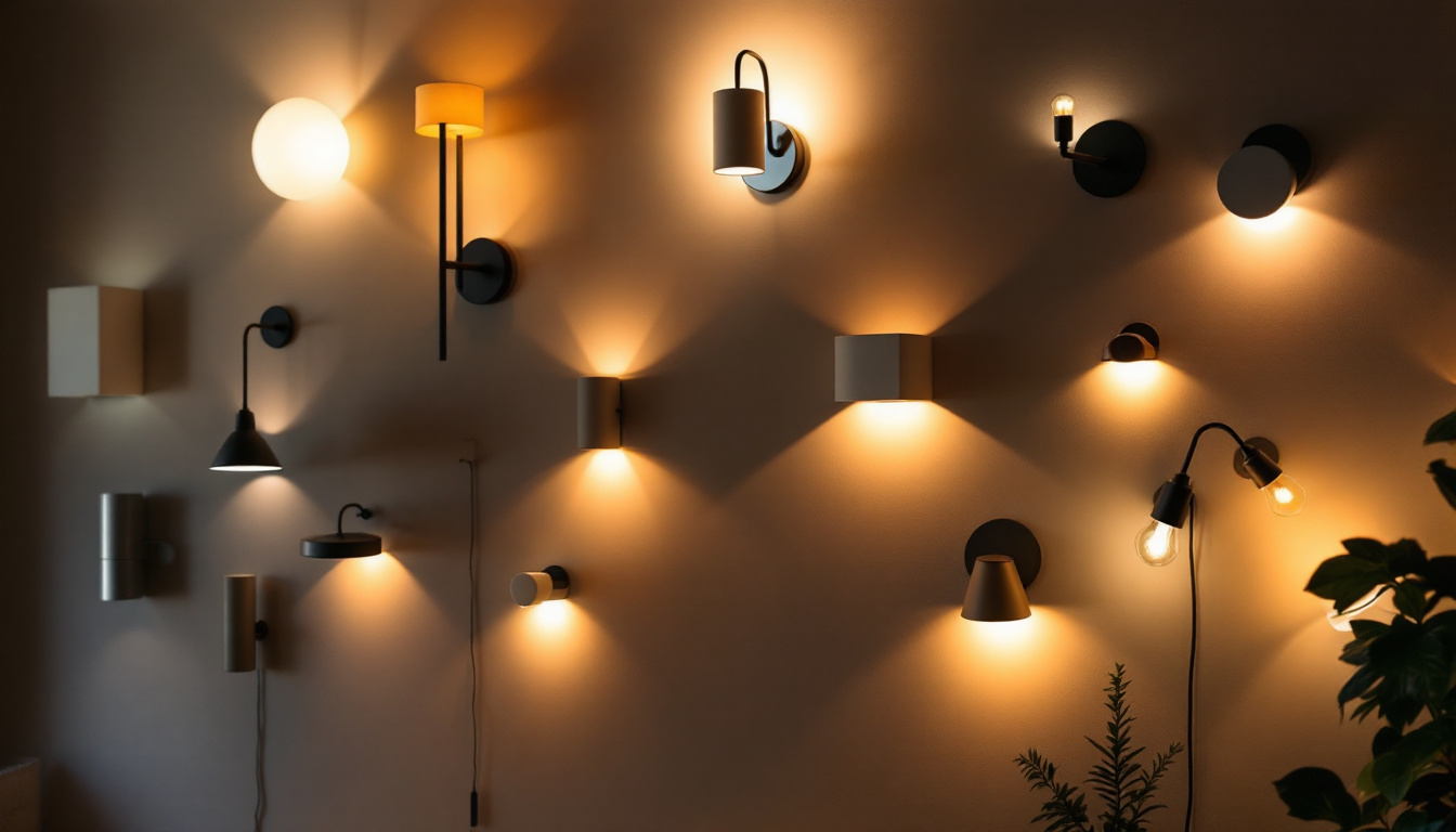 A photograph of a beautifully designed interior wall featuring various types of wall-mounted lighting fixtures