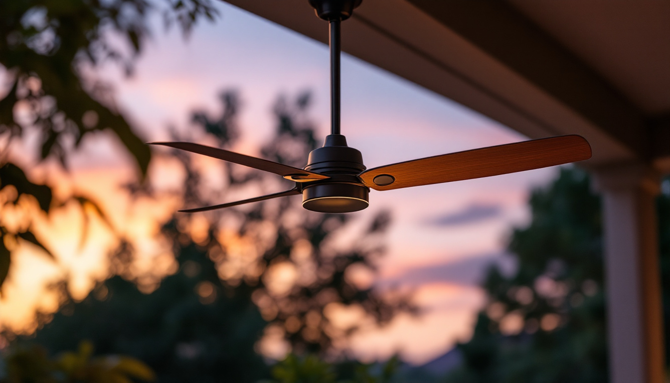 A photograph of a beautifully designed outdoor fan and light fixture in a cozy patio setting