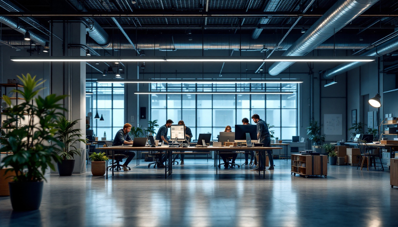 A photograph of a modern industrial or commercial space featuring sleek led flush mount lights illuminating the area