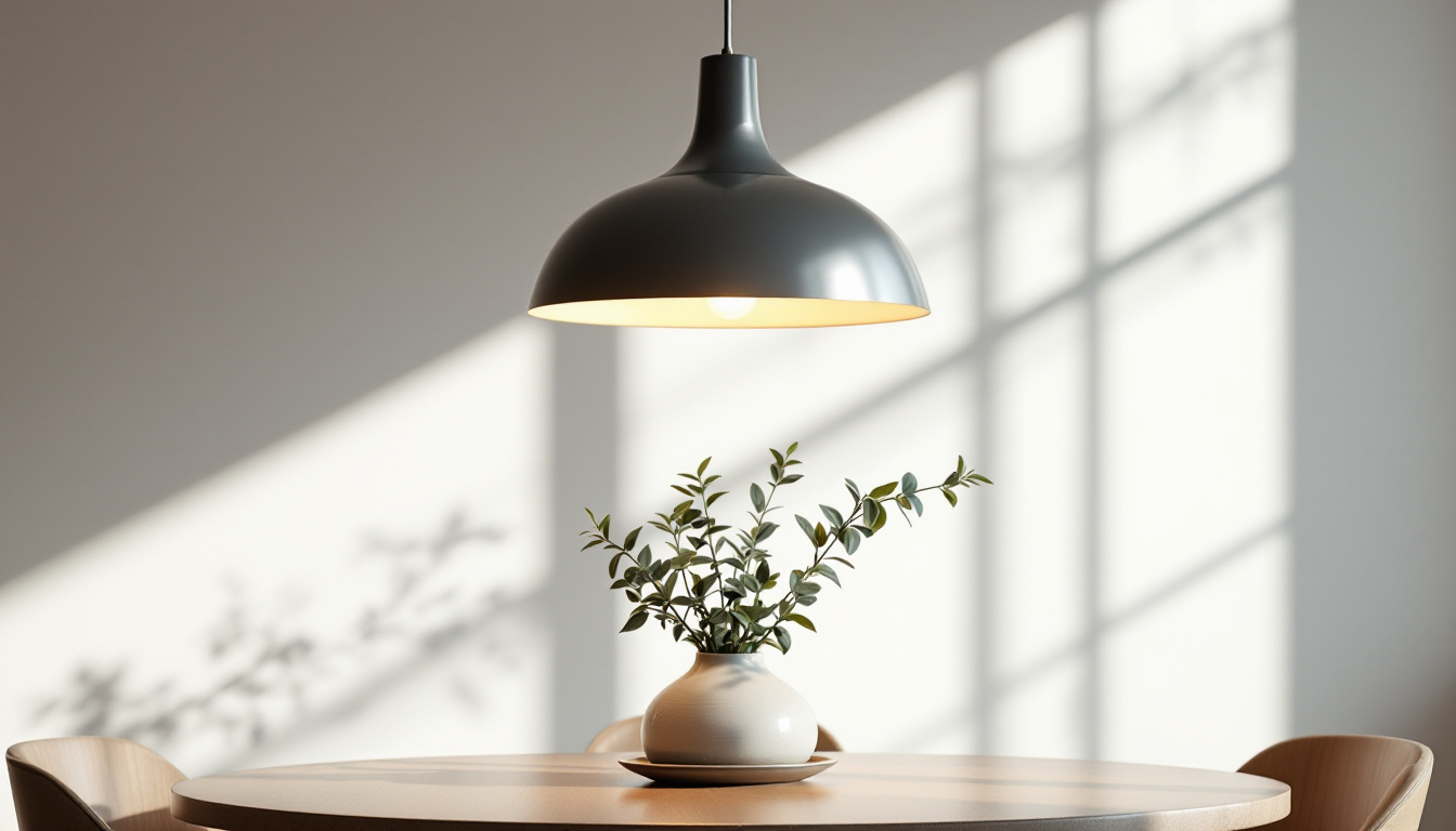 A photograph of a stylish dining room featuring an elegant pendant light as the focal point