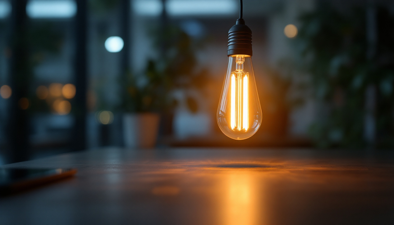 A photograph of a glowing t8 bulb illuminating a modern workspace