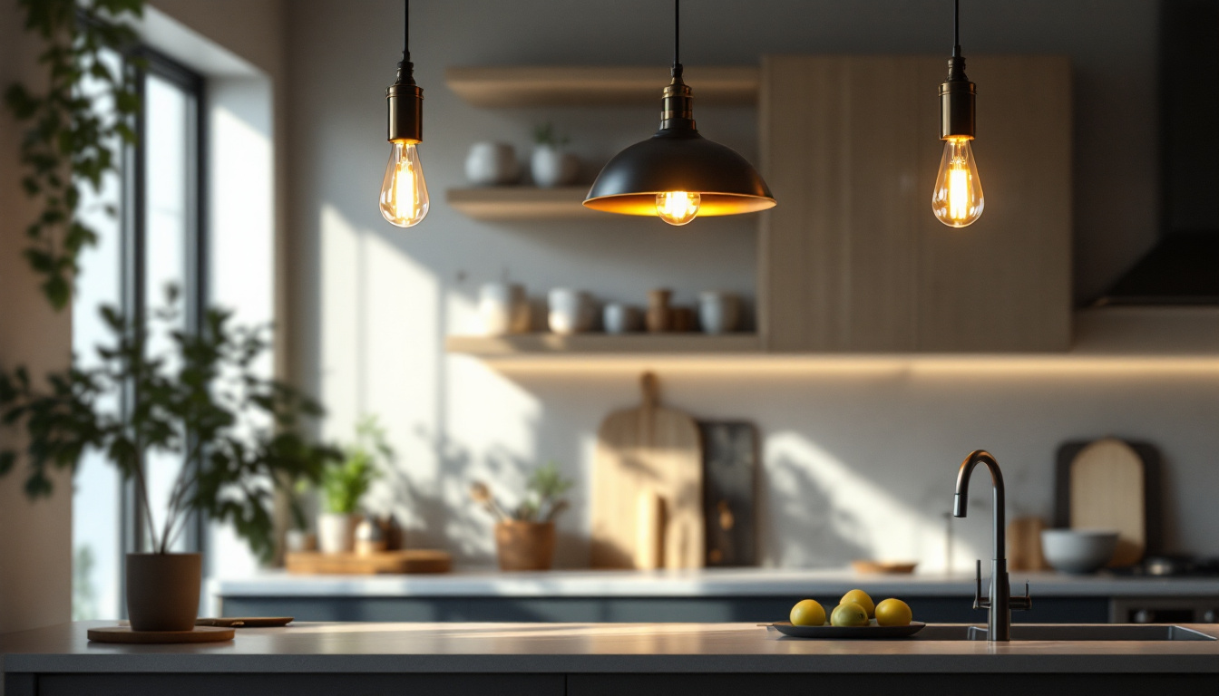 A photograph of a stylish kitchen featuring elegant pendant light fixtures hanging above a dining or preparation area