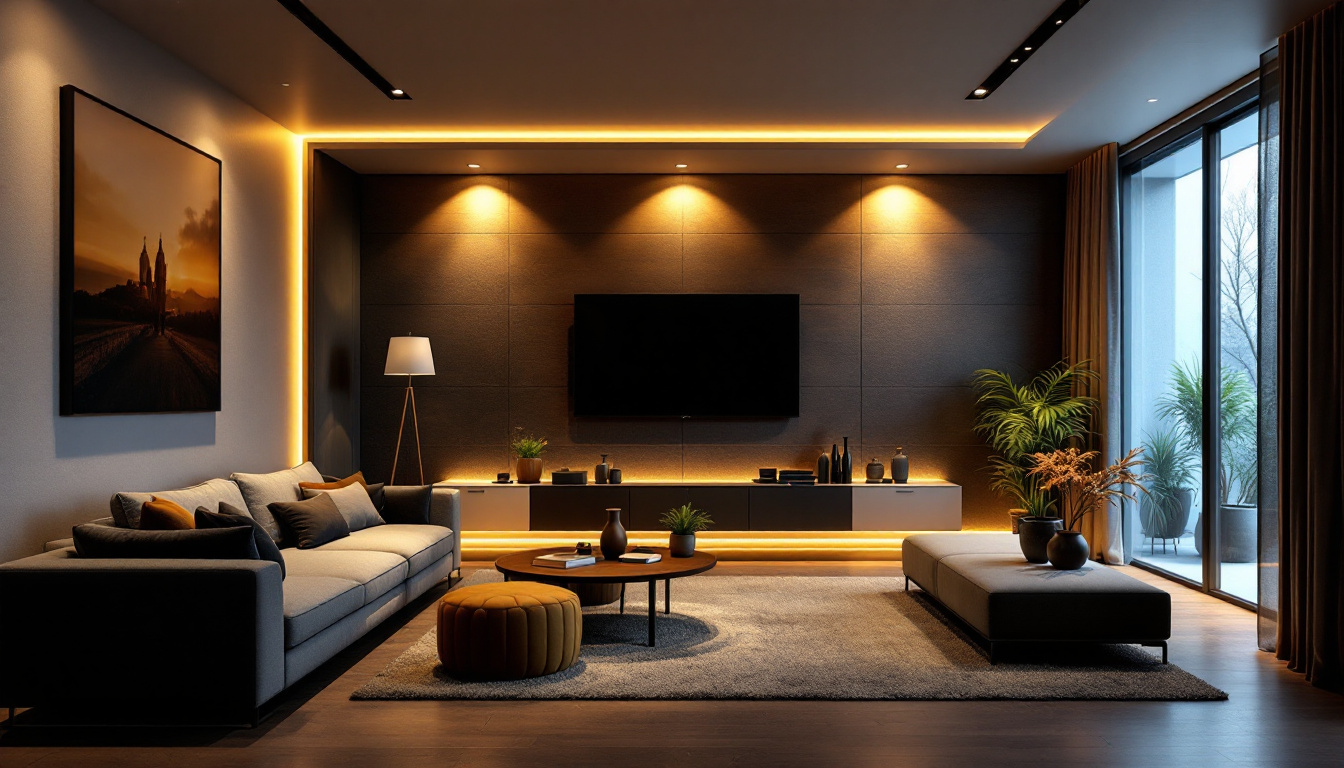 A photograph of a modern living space featuring stylish contemporary recessed lighting
