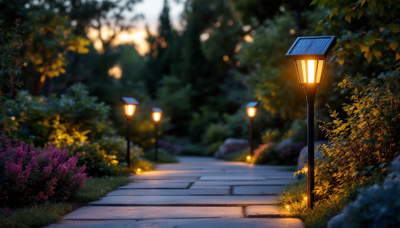 A photograph of a beautifully illuminated outdoor space featuring solar-powered lights in various designs