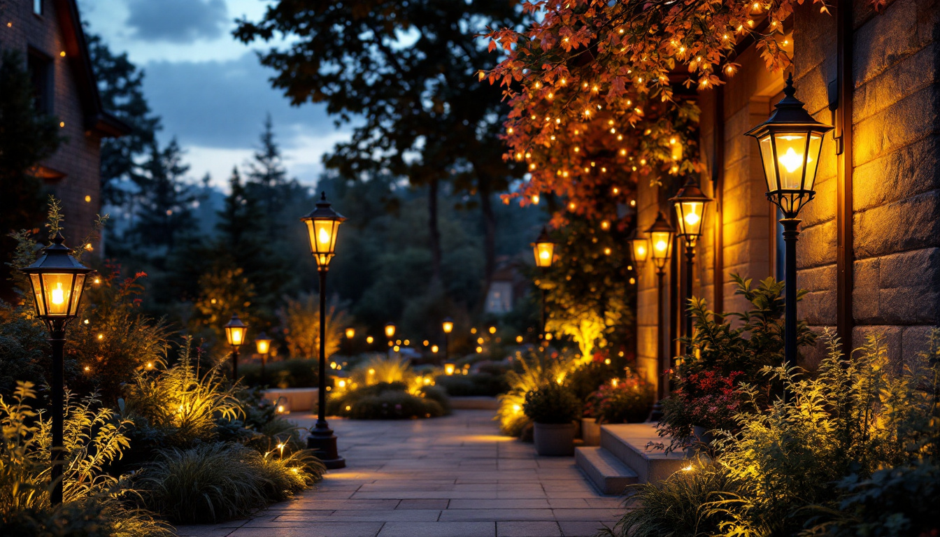 A photograph of a beautifully illuminated outdoor space featuring various styles of outside lamps