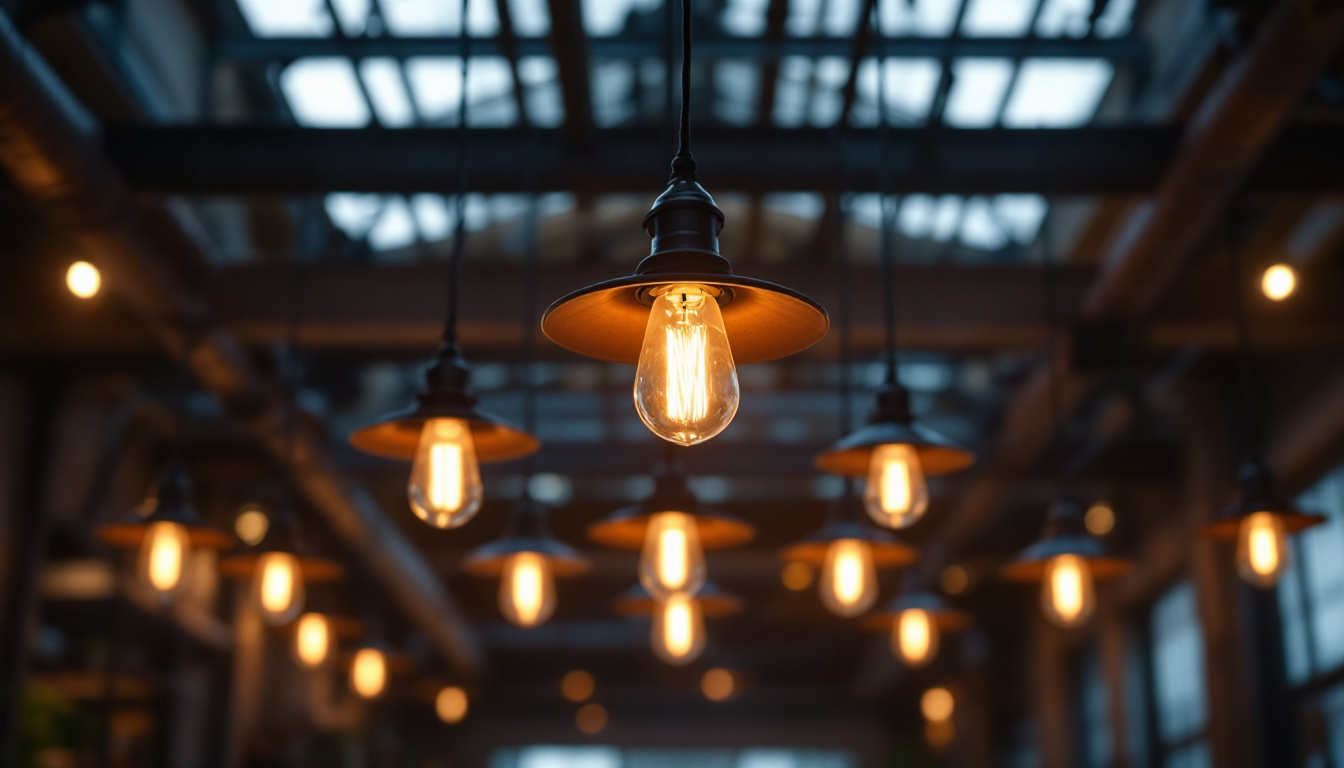 A photograph of a beautifully illuminated industrial or commercial space featuring stylish barn lighting fixtures