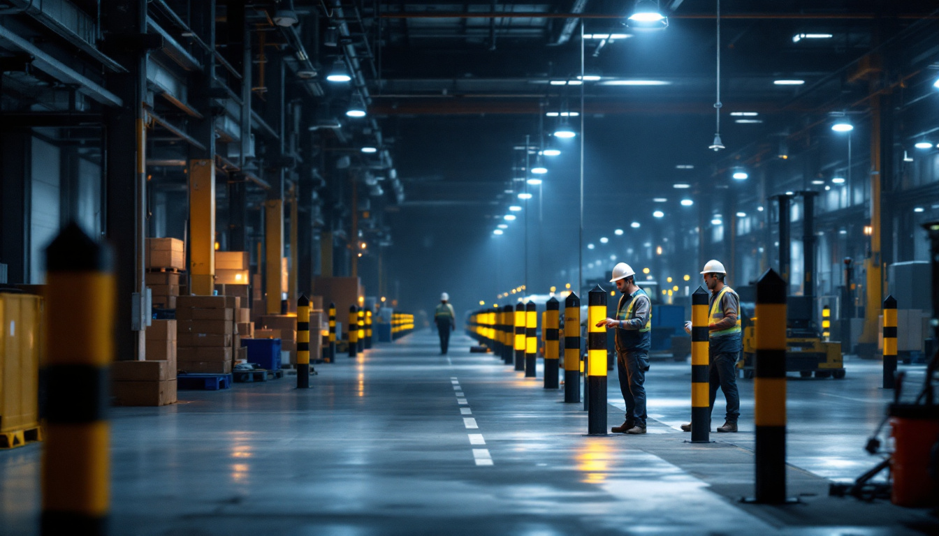 A photograph of a well-lit workplace environment featuring strategically placed bollard lights illuminating pathways and work areas