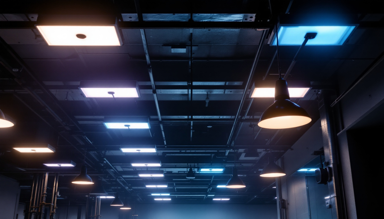 A photograph of a modern industrial or commercial space featuring sleek recessed ceiling lamps that highlight the area’s functionality and aesthetic