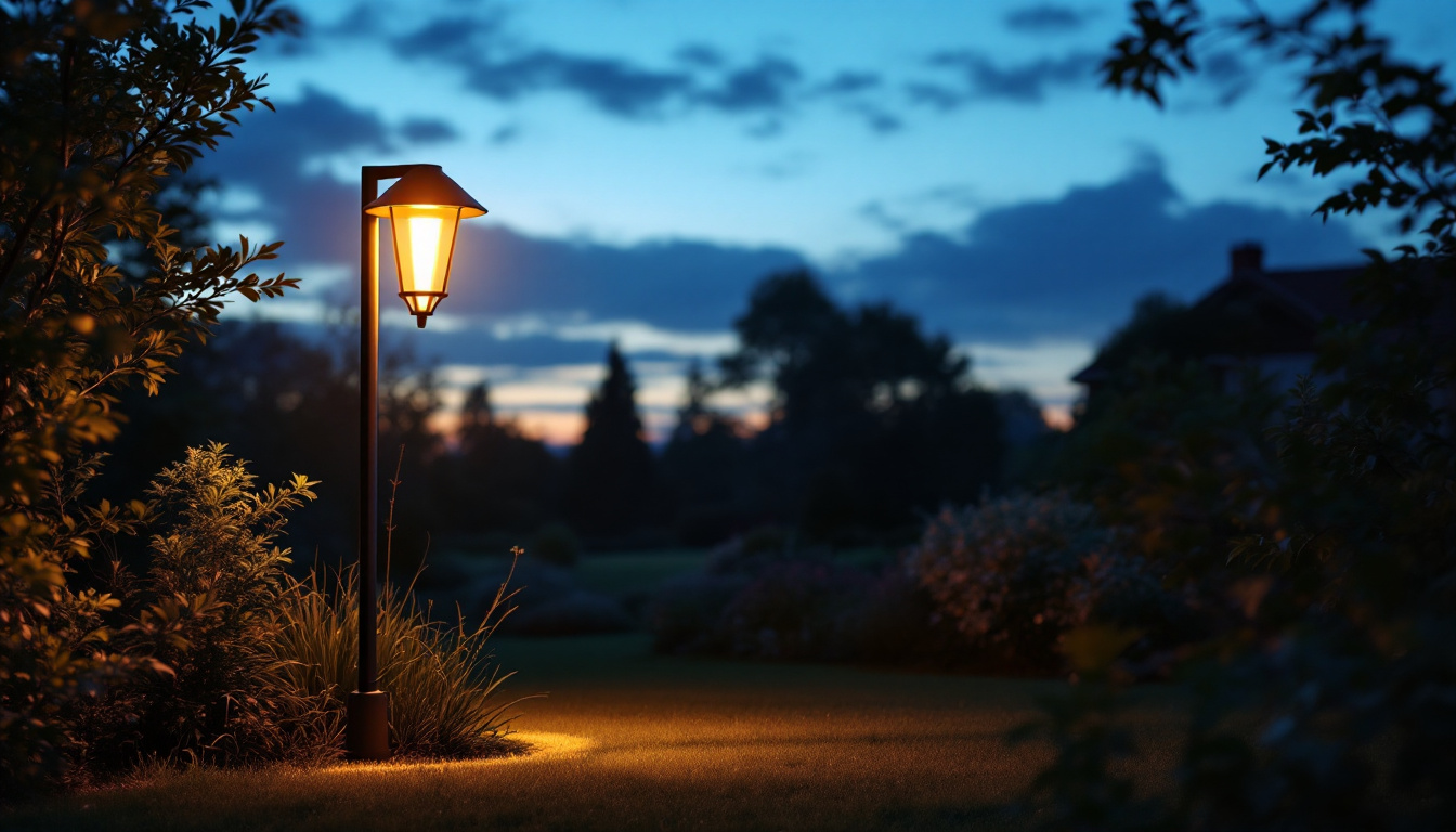 A photograph of a beautifully illuminated yard featuring a stylish light pole