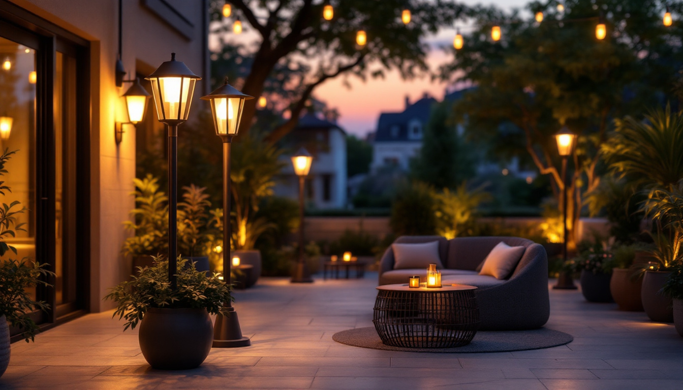 A photograph of a stylish outdoor setting featuring a variety of exterior lamps in use