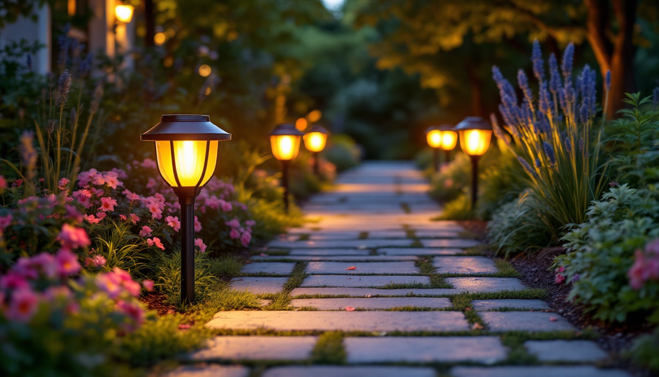 A photograph of a beautifully lit outdoor pathway showcasing various styles of solar pathway lights in a serene garden setting