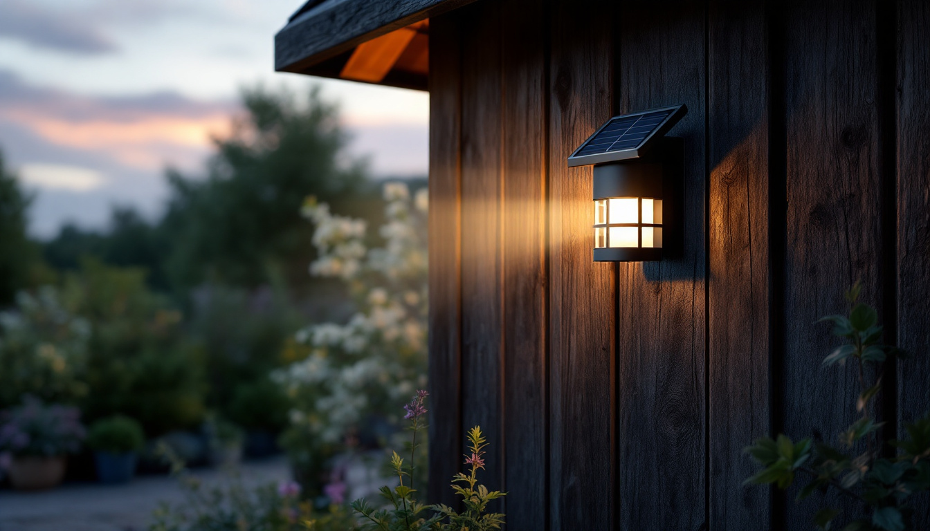 A photograph of a stylish modern black solar wall sconce mounted on a rustic barn wall