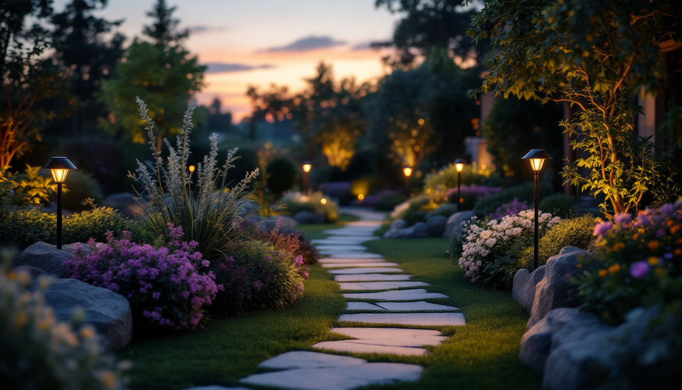 A photograph of a beautifully landscaped garden at dusk