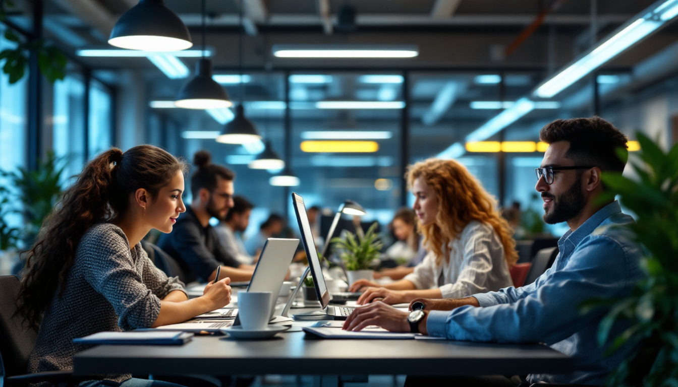 A photograph of a brightly lit office space featuring employees engaged in various tasks under fluorescent lighting