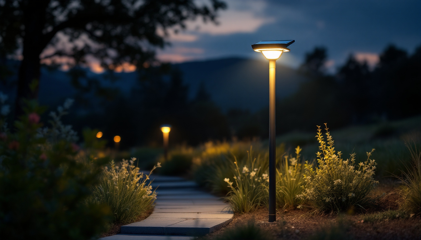 A photograph of a modern solar pole light illuminated at dusk in a picturesque outdoor setting
