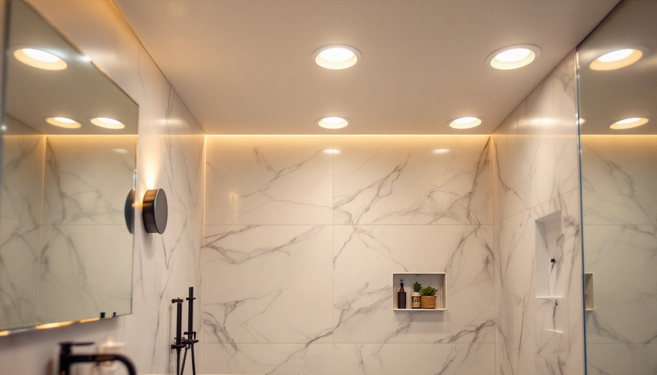 A photograph of a beautifully designed bathroom showcasing various 6-inch recessed lights installed above a shower area