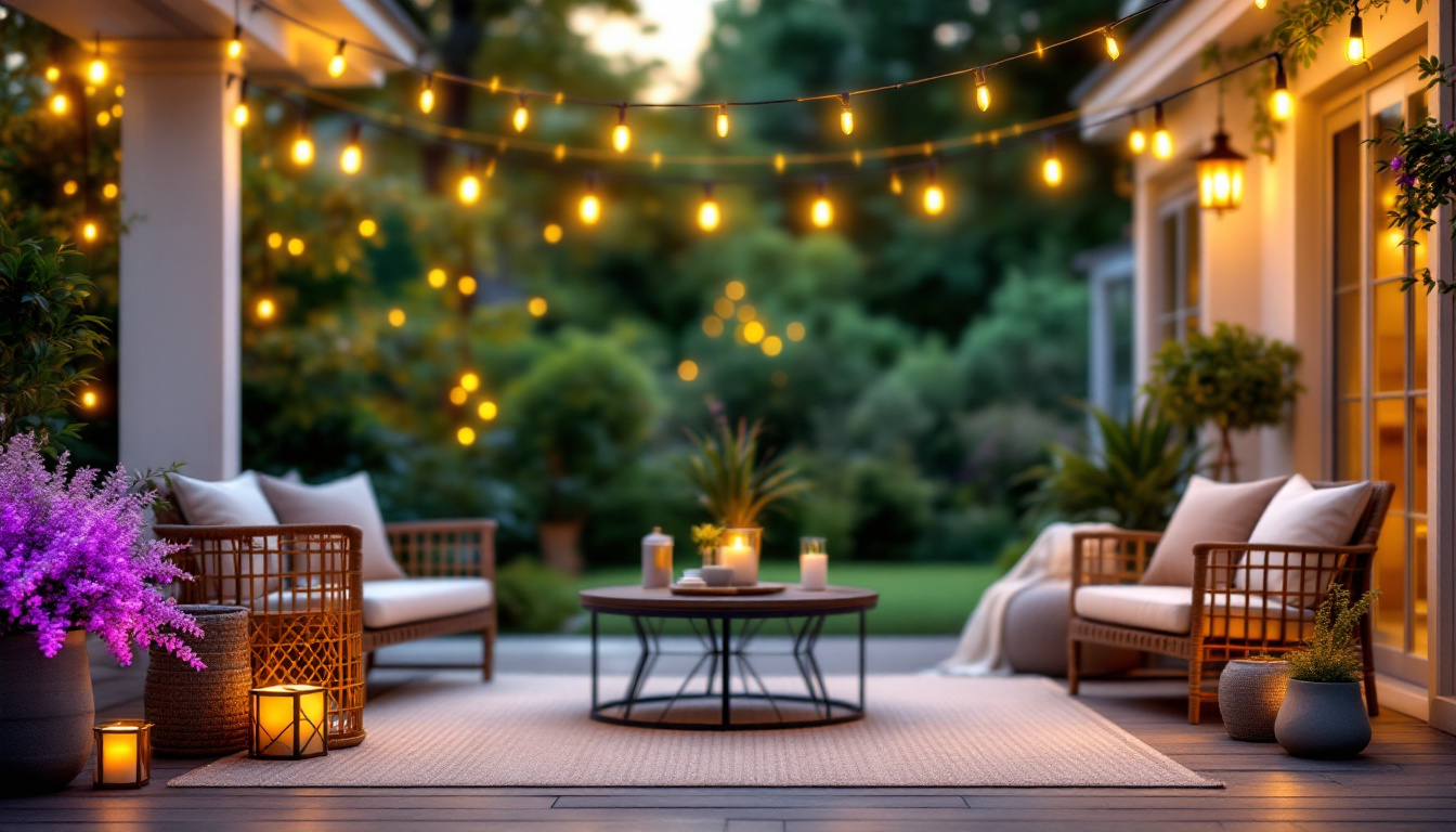 A photograph of a beautifully arranged outdoor setting featuring string lights elegantly draped across a patio or garden