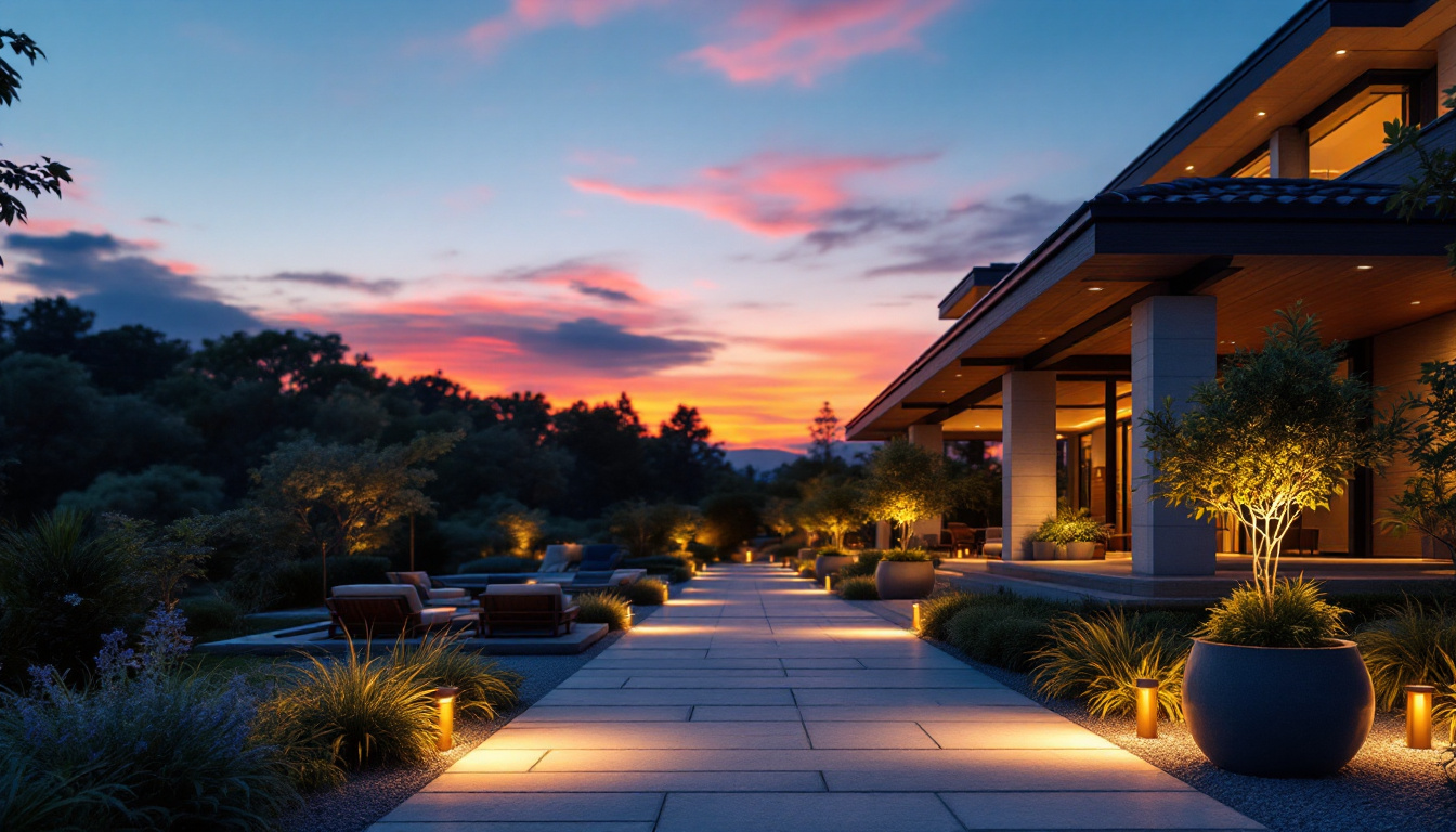 A photograph of a beautifully designed outdoor space illuminated by motion sensor lighting at dusk