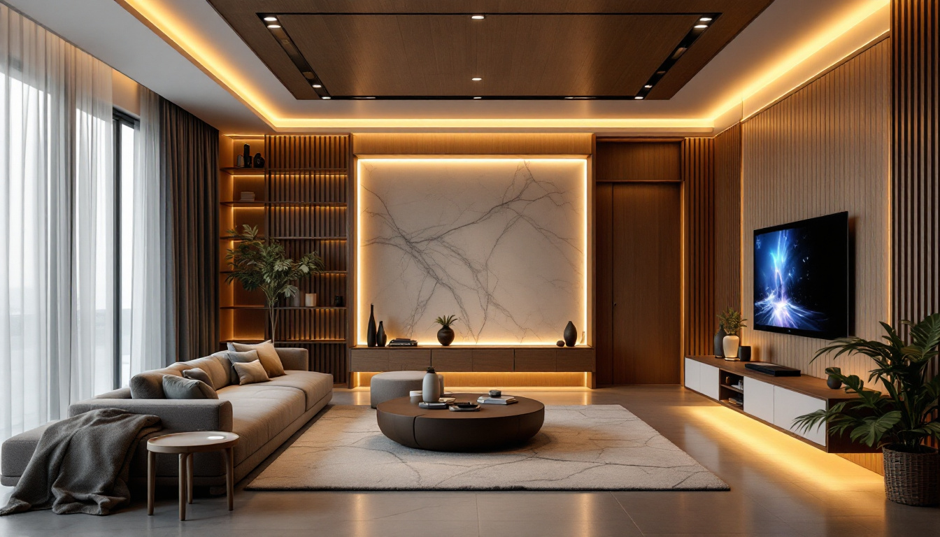 A photograph of a modern living space featuring sleek recessed lighting integrated with smart technology