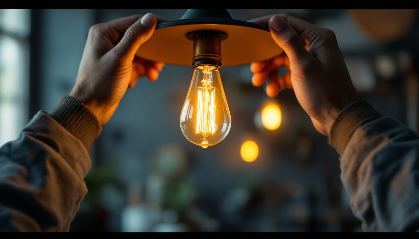 A photograph of a person carefully installing a vintage-style light bulb in a stylish fixture