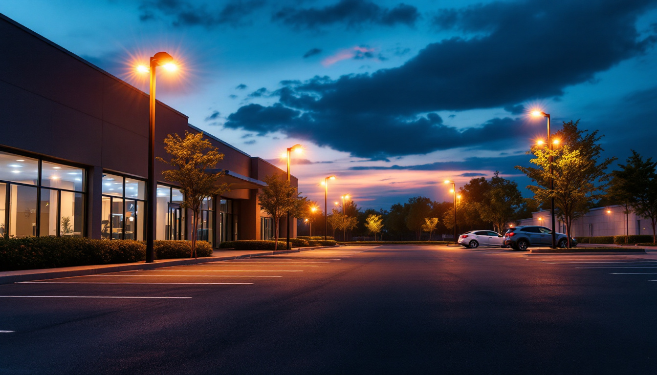 A photograph of a well-lit parking lot at dusk