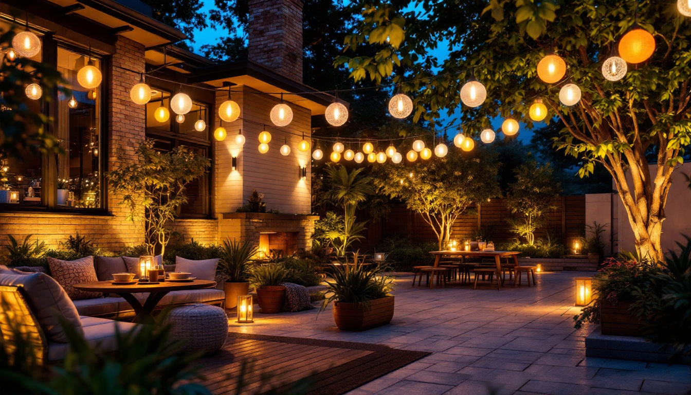 A photograph of a beautifully lit outdoor space showcasing a variety of creative lighting fixtures