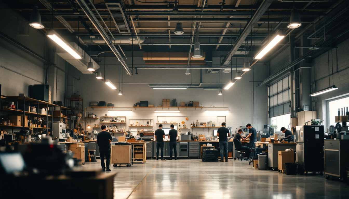 A photograph of a well-lit garage workspace featuring bright led ceiling lights