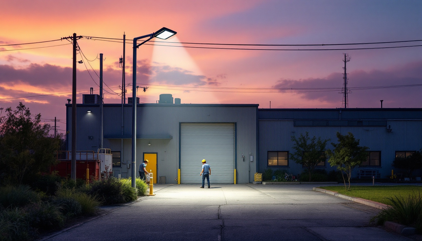 A photograph of a well-lit workplace at dusk