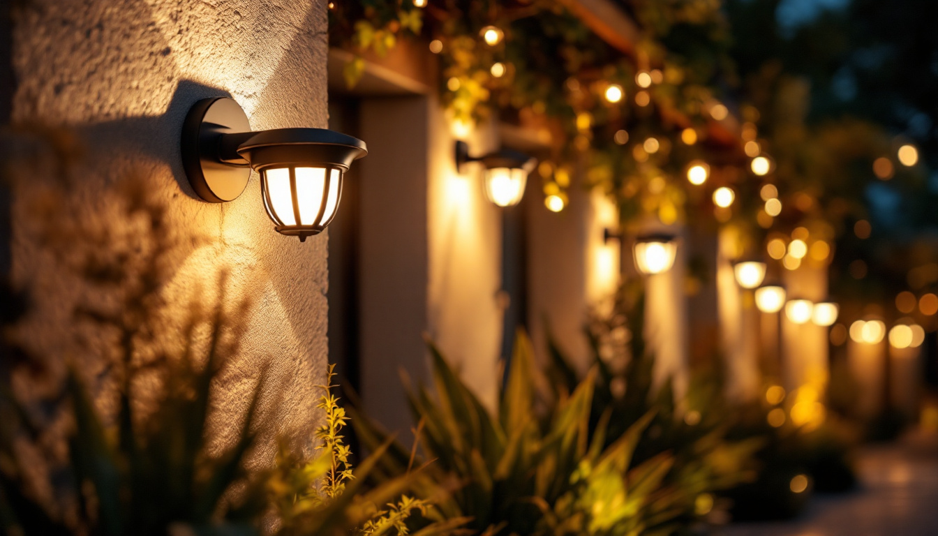 A photograph of a beautifully illuminated outdoor space featuring modern security lights