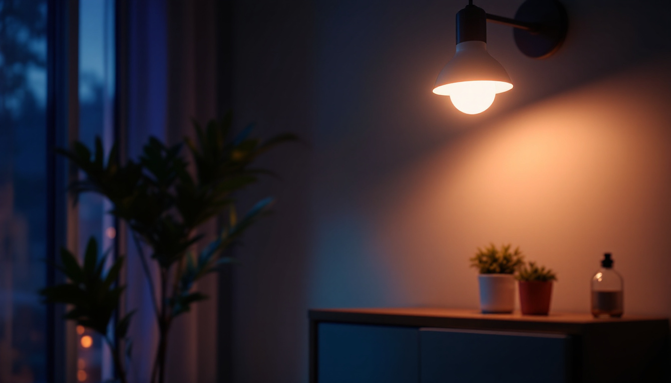 A photograph of a well-lit room showcasing a modern fluorescent lamp in use