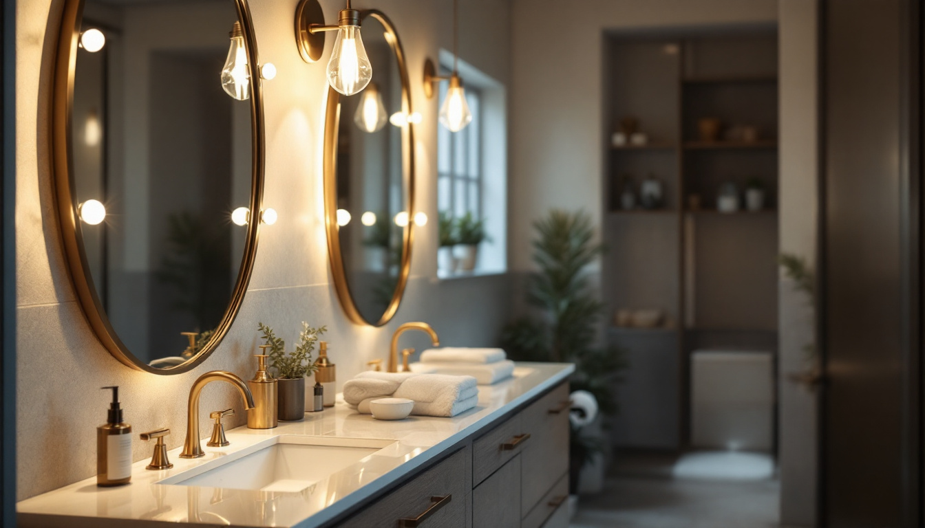 A photograph of a beautifully styled bathroom featuring various elegant vanity lights