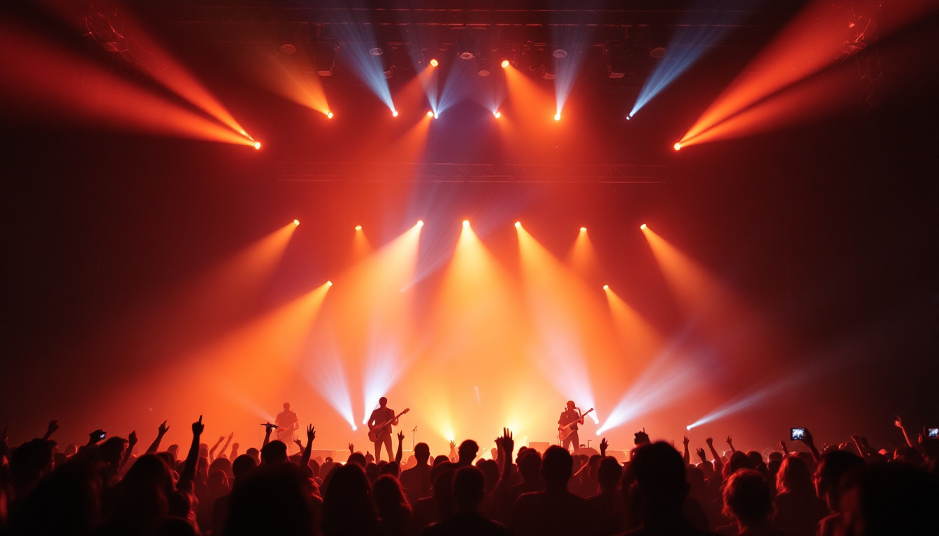 A photograph of a vibrant concert scene showcasing various light fixtures in action
