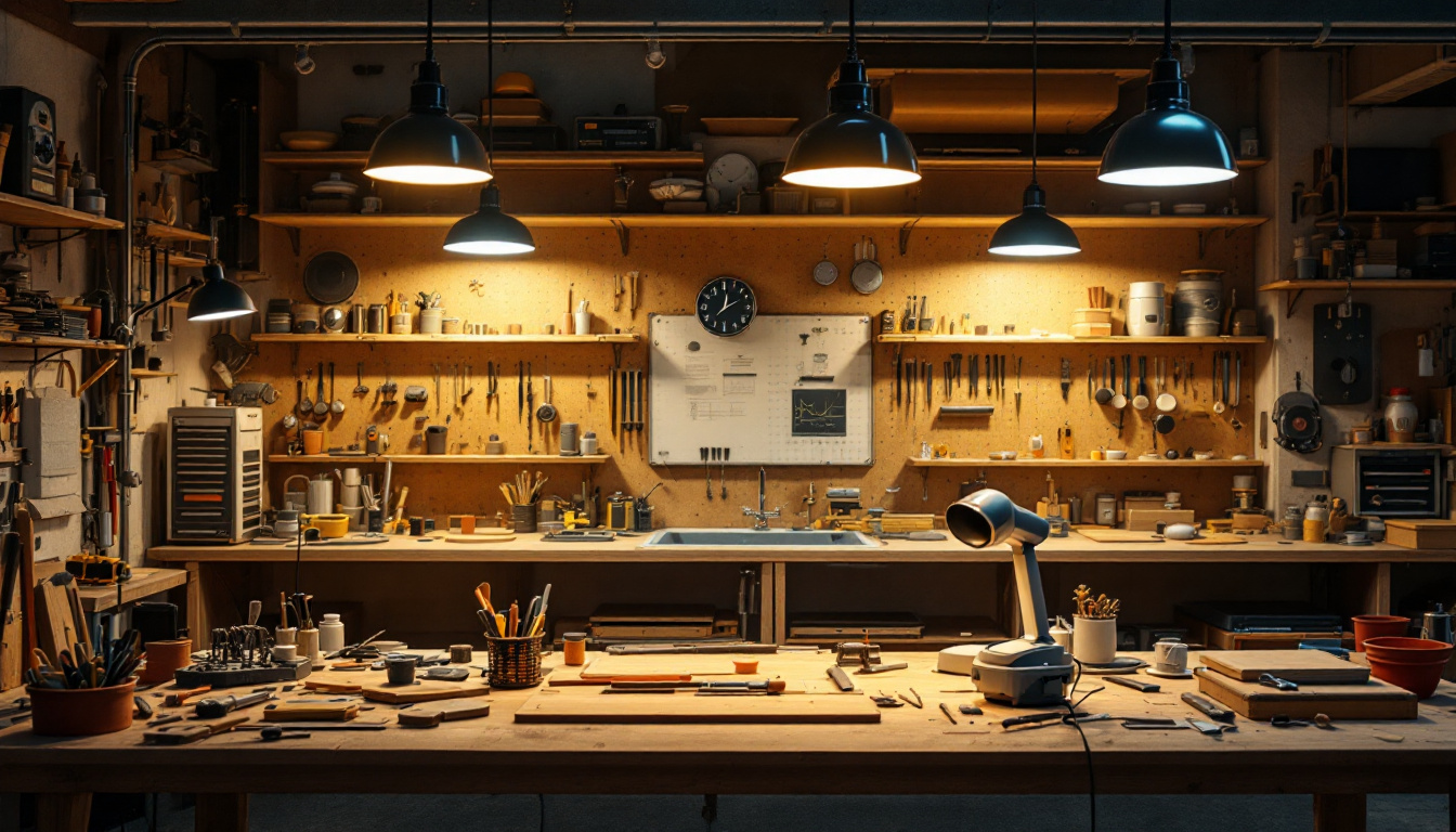 A photograph of a well-lit workshop scene showcasing various led workshop lights in use