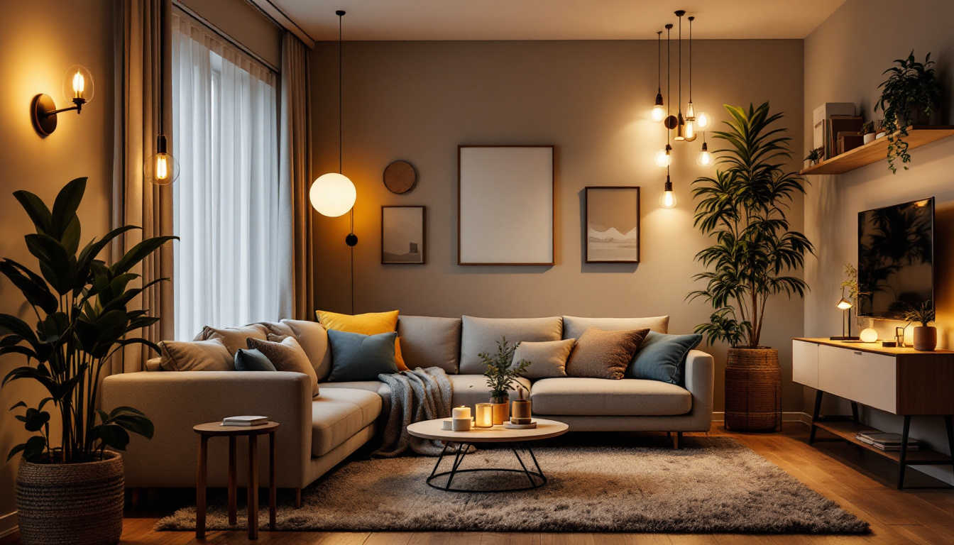A photograph of a beautifully designed living space illuminated by a variety of stylish home lights