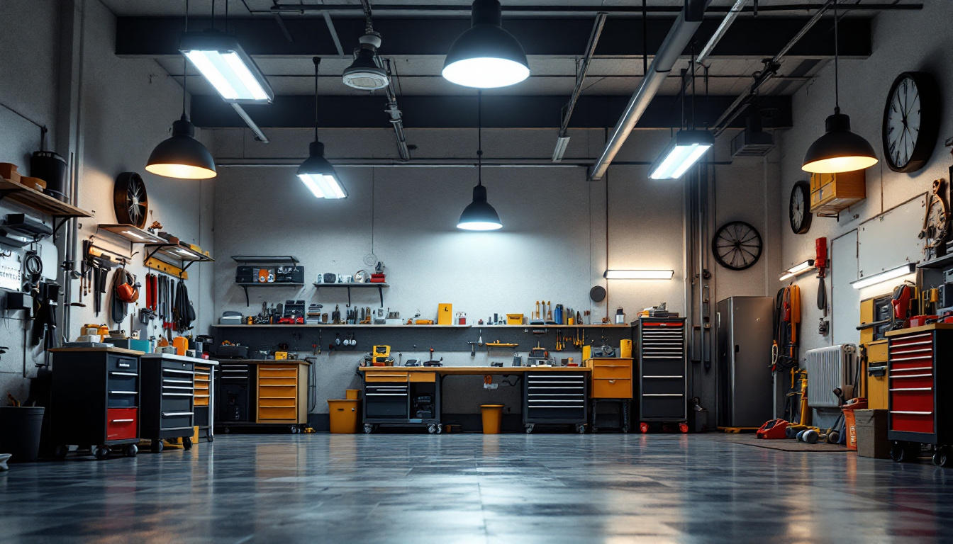 A photograph of a well-lit garage interior showcasing various ceiling light designs