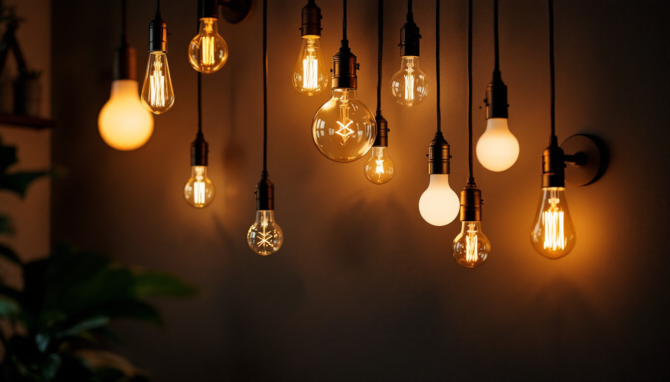 A photograph of a beautifully lit room showcasing a variety of light bulbs in stylish fixtures