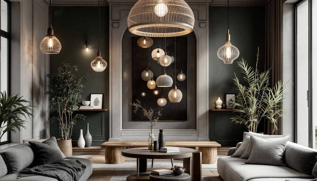 A photograph of a beautifully styled interior space featuring a variety of pendant light fixtures