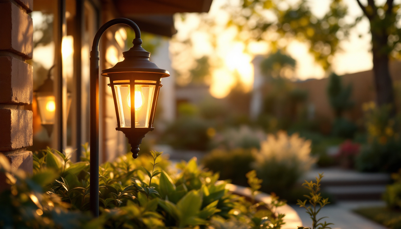 A photograph of a beautifully designed outdoor lighting fixture in a serene garden setting