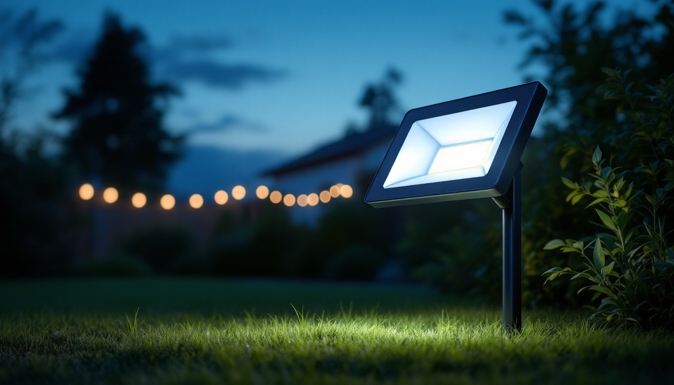 A photograph of a modern solar-powered flood light illuminating a backyard or outdoor space at dusk