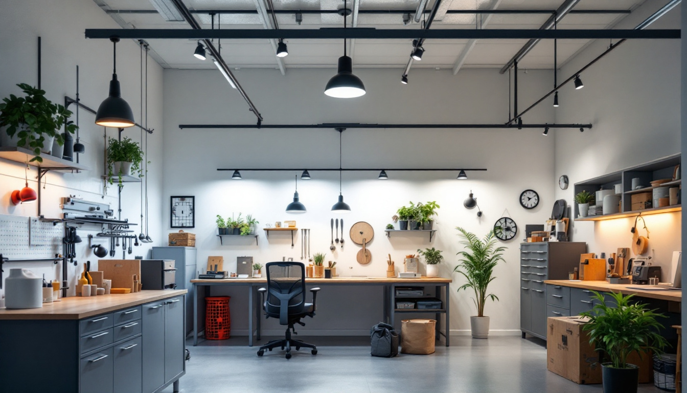 A photograph of a well-lit garage showcasing a variety of modern lighting options