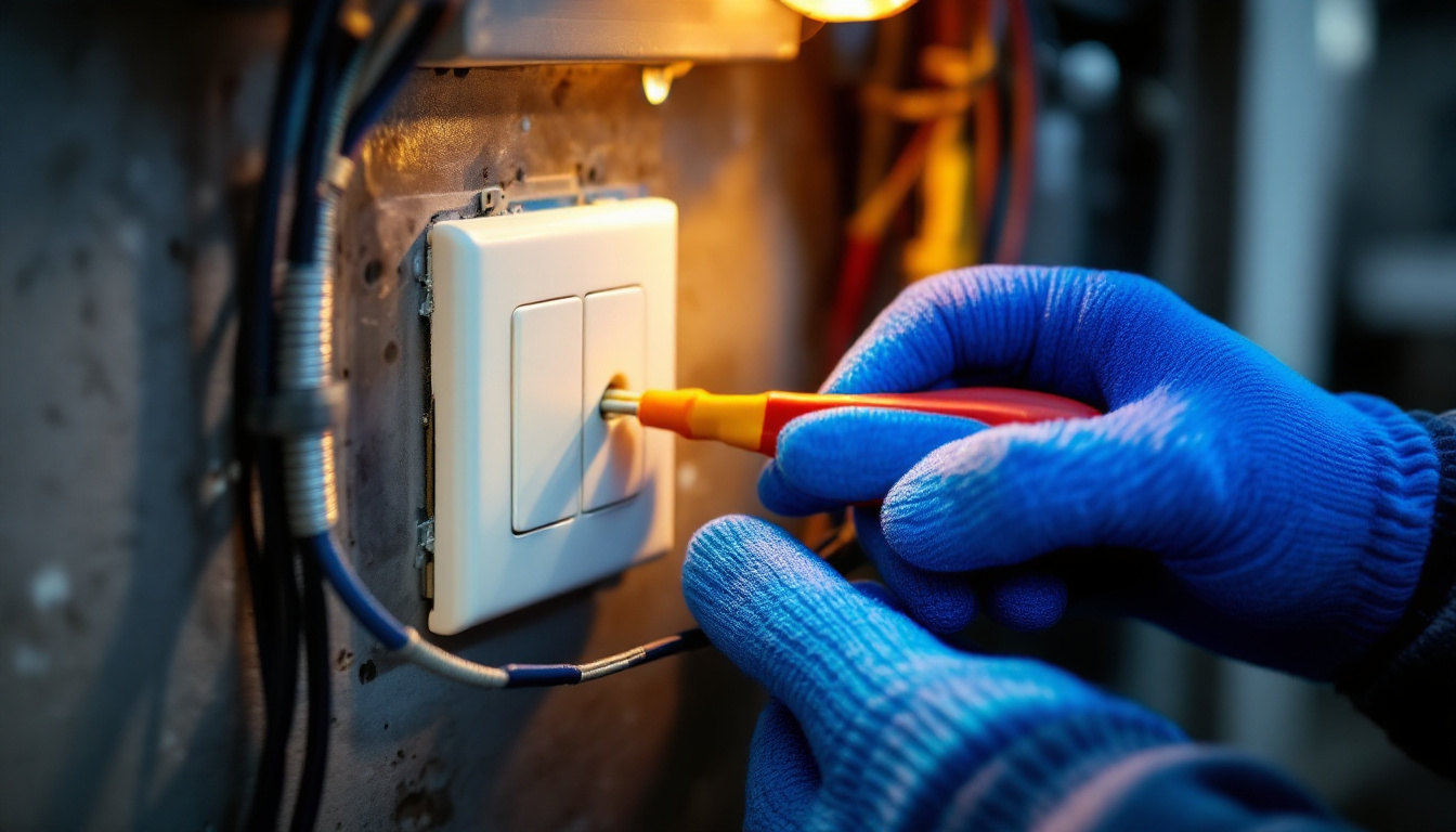 A photograph of a close-up shot of a person installing a 3-way switch
