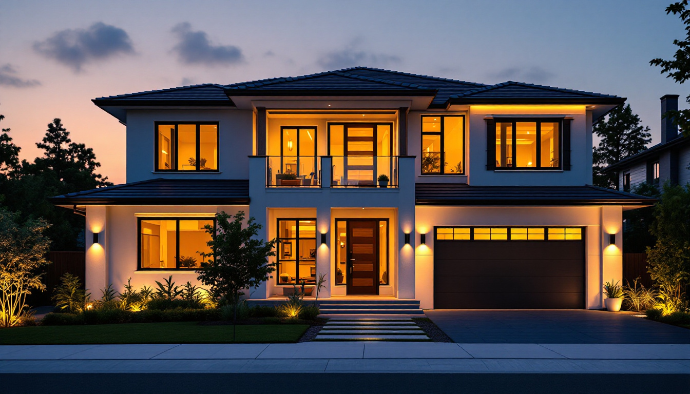 A photograph of a beautifully illuminated modern home at dusk
