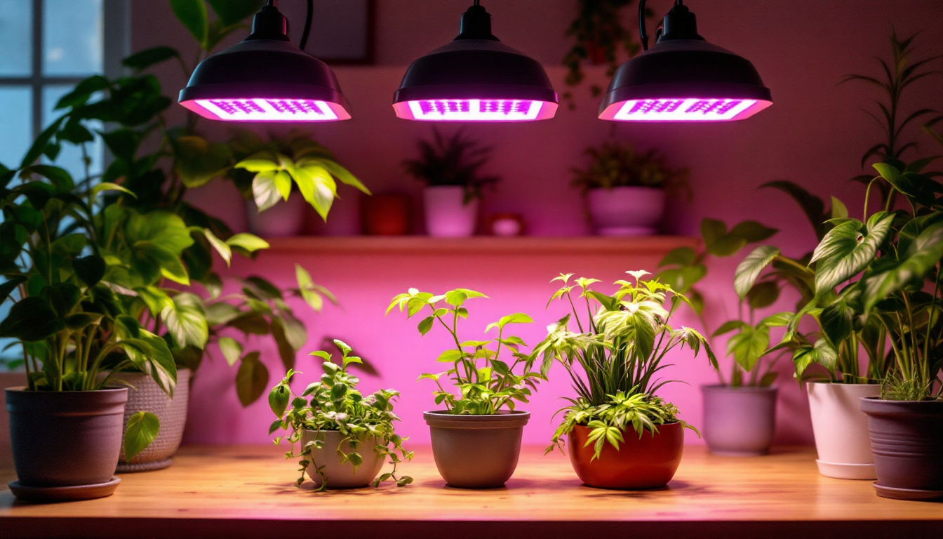 A photograph of a well-lit indoor gardening setup featuring a variety of grow lamps in use
